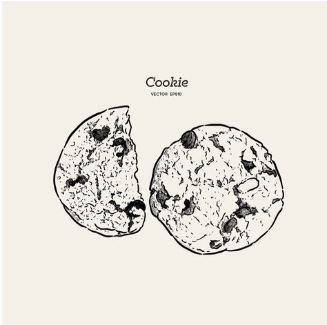 Cookies Tattoo Ideas, Snacks Art Illustration, Cookie Sketch, Chips Drawing, Cookie Doodle, Cookie Illustration, Cookie Drawing, Dream Bakery, Draw Vector