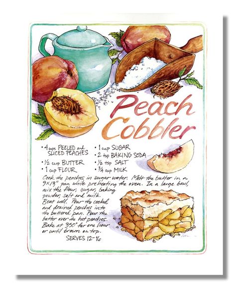 PRICES MAY VARY. Brand new 8x10 inch art print Printed on high quality lithograph art paper Printing process produces a vivid and detailed picture Suitable for any display, Comes ready to frame or mat Artist: Deidre Madesn A high-quality home decor picture which represents the best of both worlds: quality and affordability. Homemade Peach Cobbler Recipe, Peach Cobbler Dessert, Dessert Peaches, Recipe Postcard, Homemade Peach Cobbler, Southern Peach Cobbler, Homemade Recipe Books, Peach Cobbler Recipe, Cobbler Recipe