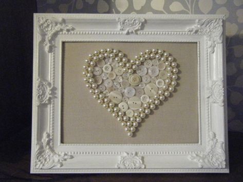 Shabby Chic Framed Heart Artwork with pearls and buttons from Lost Delights | Valentine crafts, Diy valentines crafts, Buttons crafts diy Diy With Pearls Crafts, Button Heart Picture, Heart Button Art, Old Jewelry Crafts Ideas Diy, Shabby Chic Valentines Day Decor, Shabby Chic Artwork, Bathroom Curtains Ideas, Button Art Projects, Buttons Crafts Diy