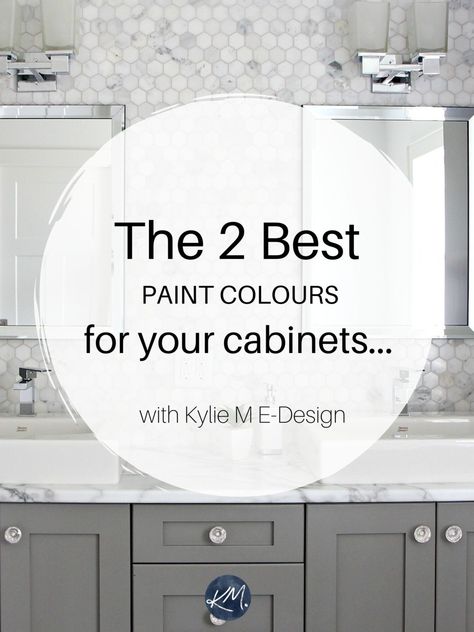 The 6 Best Paint Colours for a Bathroom Vanity – Including White! Revere Pewter Kitchen, Bathroom Cabinet Colors, Kylie M Interiors, Grey Bathroom Cabinets, Best Gray Paint, Best Gray Paint Color, Painted Vanity Bathroom, Painting Bathroom Cabinets, Greige Paint Colors