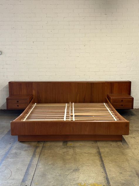 W124 D91 H31.5  INNER BED W72.5 D85 Nightstands W21.5 D18.5 H18 Headboard Space 22 height from platform  Platform Height 15.5 This vintage Cal King Danish platform bed has been carefully refinished and upgraded. The previous drawers had been damaged beyond repair, the new drawers crafted in-house by our carpentry team, feature a modern design with routed pulls and are finished to perfectly complement the rest of the bed. Additionally, the bed has been structurally reinforced for enhanced durability. Shipping can be adjusted to your specific location.  I.e. if you live in Los Angeles we can do in home delivery for $175 on average More @vintage_on_point on Instagram Beyond Repair, King Platform Bed, Home Delivery, Platform Bed, Carpentry, Modern Design, Bed, Los Angeles