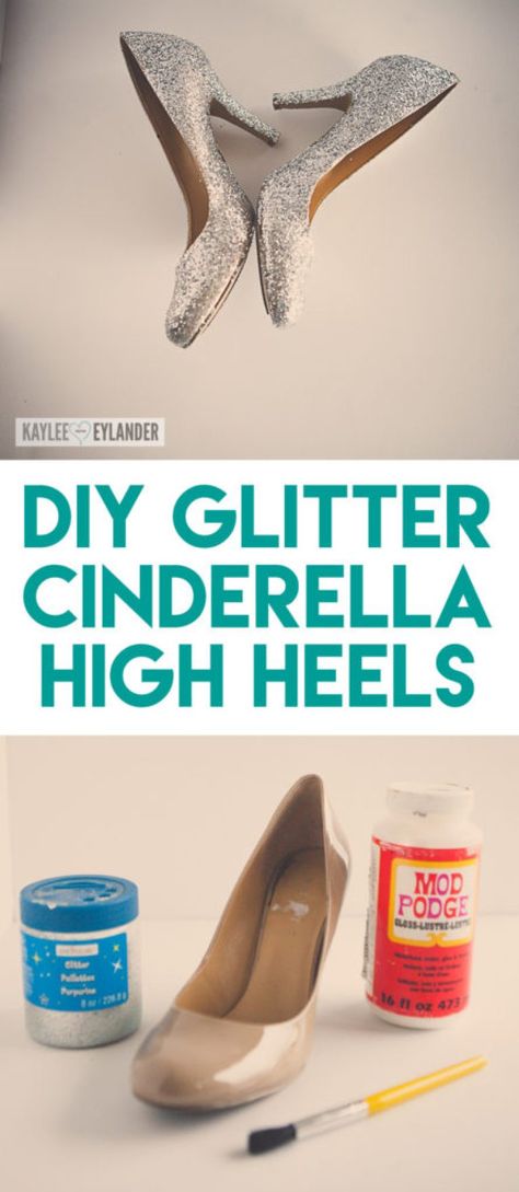 DIY Glitter High Heel Shoes | Cinderella Costume Cinderella Costume Diy, Diy Cinderella Costume, Cinderella Play, Diy Glitter Shoes, Glitter Outfit, Shoe Makeover, Glitter High Heels, Cinderella Costume, Cinderella Party