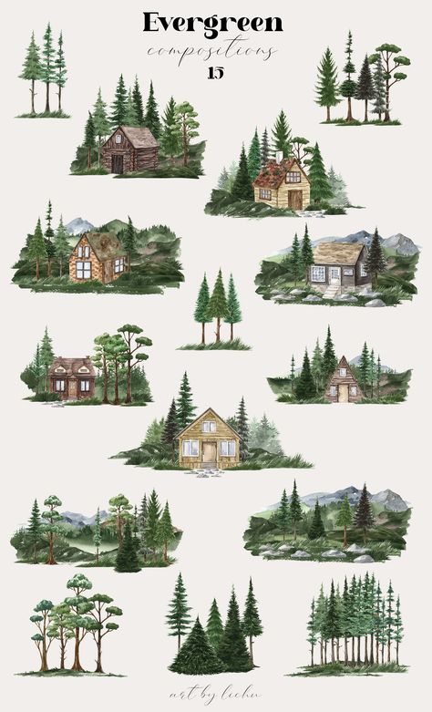 Barn Clip Art, Watercolor Evergreen, Clipart Aesthetic, Houses Clipart, Watercolor Houses, Forest Clipart, Forest Drawing, Cozy Cabins, Desain Buklet