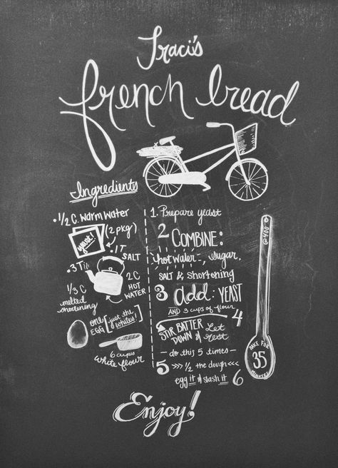 Traci's French Bread Recipe. [Chalkboard design by Rachel Doretti] French Chalkboard Art, Chalkboard Projects, French Country Ideas, Blackboard Art, French Bread Recipe, Chalkboard Designs, Board Wall, French Kitchen, Chalkboard Wall