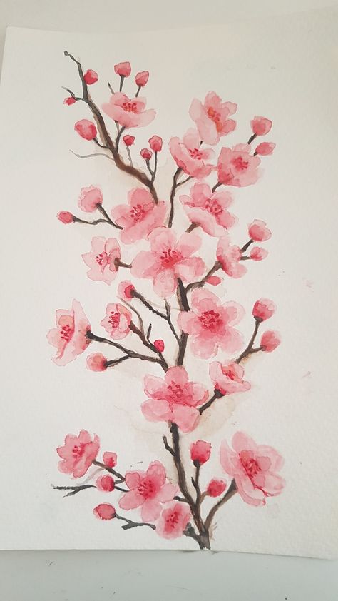 Watercolor Art Cherry Blossom, Sakura Flower Watercolor, Japan Painting Easy, Easy Cherry Blossom Painting, Sakura Flower Drawing, Sakura Flower Painting, Sakura Watercolor Painting, Cherry Blossom Watercolor Painting, Sakura Watercolor