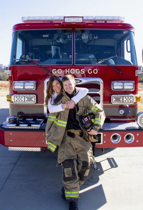 Firefighter And Nurse Engagement Photos, Fire Dept Engagement Pictures, Fireman Engagement Photos, Fire Station Engagement Pictures, Fireman Engagement Pictures, Firefighter Boyfriend Aesthetic, Firehouse Engagement Photos, Headlight Pictures, Firefighter Couple Pictures