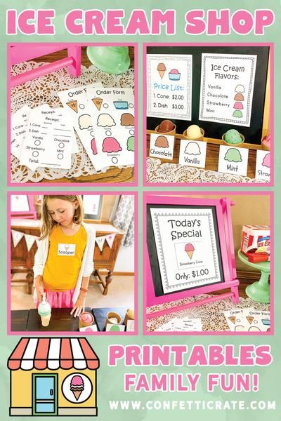 Ice cream shop dramatic play printables for a fun indoor activity. Your kids will have some screen free time and you can get some work from home done! Printable Pretend Play, Pretend Play Printables, Play Ice Cream, Play Printables, Sundae Recipes, Dramatic Play Printables, Ice Cream Menu, Ice Cream Stand, Dramatic Play Preschool