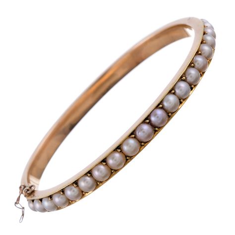 Natural Pearl English Yellow Gold Oval Shaped Victorian Bangle Pearl Bangles Gold, Antique Bangles, Pearl Bangles, Farah Diba, Yellow Gold Bangle, Carmel By The Sea, Antique Bracelets, Pearl Bangle, Vintage Bangles