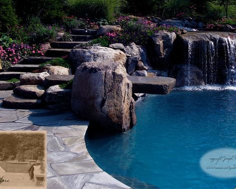 Tuscan Landscape Design, Diving Platform, Pool Landscapes, Swimming Pool Waterfall, Waterfall Pool, Living Pool, Stone Step, Dream Backyard Pool, Tuscan Landscaping