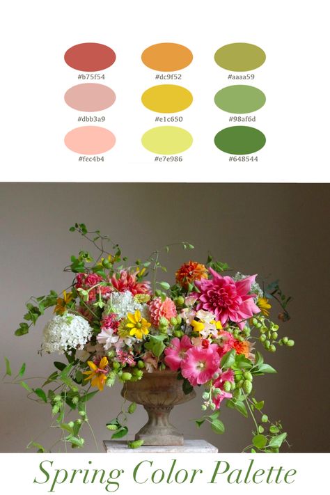 Floral spring color palette with shades of pink, green, yellow and orange Pink Orange Yellow Blue Green Color Palette, Pink Orange Yellow Green Wedding, Bouquet Color Palette, Green Floral Bouquet, Cottage Colors, Yellow Party, Spring Color Palette, Wedding Colours, Color Palette Pink