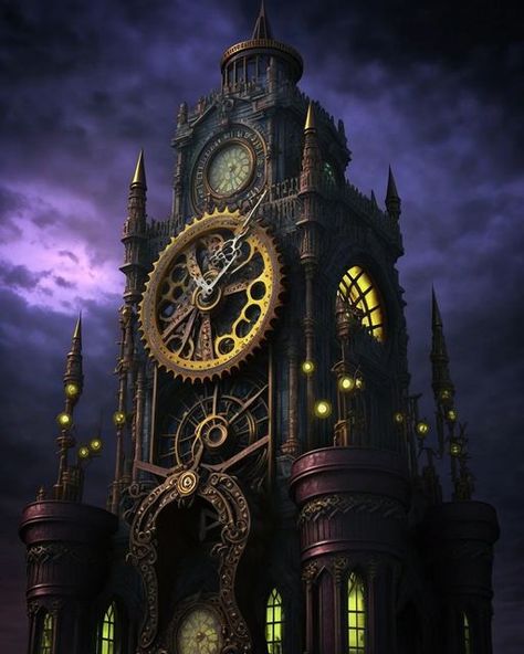 Unconventional Homes, Purple Clock, Victorian Clocks, Steampunk City, Steampunk Artwork, Storyboard Illustration, Steampunk House, Gothic Castle, Steampunk Clock