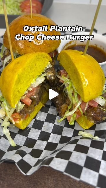 Chef Don Smith on Instagram: "Oxtail plantain Chop Cheese Burger‼️💥   Ft my little princess @saraimilan__ ❤️ The bread is made from plantain!  #oxtail #oxtailchopcheese #plantain #oxtailplantainchopcheese #chopcheese #jamaica  How many can you eat ?" Oxtail Burger, Plantain Buns, Chop Cheese, Jamaican Oxtail, Chopped Cheese, Cheese Burger, February 11, Family Dinner, Cheeseburger