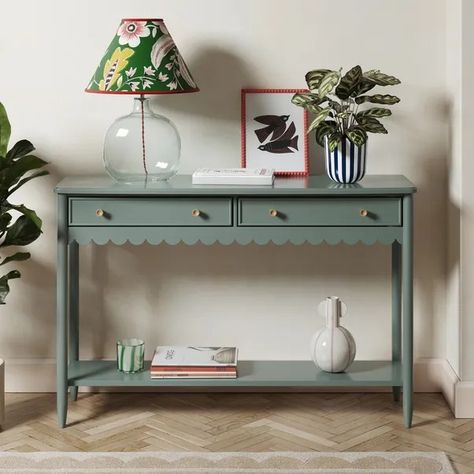 Console Hall Table, Painted Hall Table, Painted Console Table Ideas, Green Console Table, Eclectic Hallway, Edwardian Hallway, Console Table Uk, Console Table With Shelves, Painted Console Table