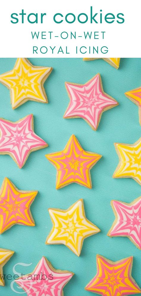 Here’s a simple and fun technique to decorate wet-on-wet royal icing star cookies. The shape I used is a 2-1/4″ plastic star cutter that came from my daughter’s play dough tools  Watch the video tutorial and get the supply list below! #sweetambs #cookies #wetonwet #royalicing Star Shape Cookies Decorated, Cookie Frosting Techniques, Sugar Cookie Stars Decorated, Star Decorated Sugar Cookies, Star Iced Cookies, Star Shaped Cookies Decorated, Wet On Wet Decorated Cookies, Star Cutout Cookies, Decorating Star Cookies