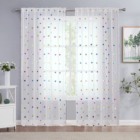 PRICES MAY VARY. PACKAGE DETAILS: Each package includes 2 panels of white sheer curtains with colorful polka dots print. Per panel measures 52 x 84 inches long. Colorful Metallic Polka-dot Printed Design: Use classic polka dots pattern and white tones to add familiar comfort and warmth to your room. Eye-catching ombre foil printed patterns will bring a touch of subtle color and texture to your home. The cute dot pattern stands out even sparking on bright days. Perfect for living room, bedroom, d Polka Dot Curtains Bedroom, Polka Dot Curtains, Patchwork Curtains, Voile Panels, Cute Curtains, White Sheer Curtains, Nursery Curtains, Curtains For Bedroom, Voile Curtains