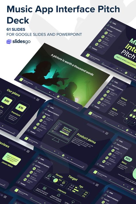Pitch a new music app with the help of these cool and interactive slides. Get this template for Google Slides and PowerPoint! Cool Slides Powerpoint, Dark Powerpoint Template, Presentation Music, Music Powerpoint Template, Music Presentation Template, Webinar Slide Deck, Google Themes, Pitch Deck, Music App
