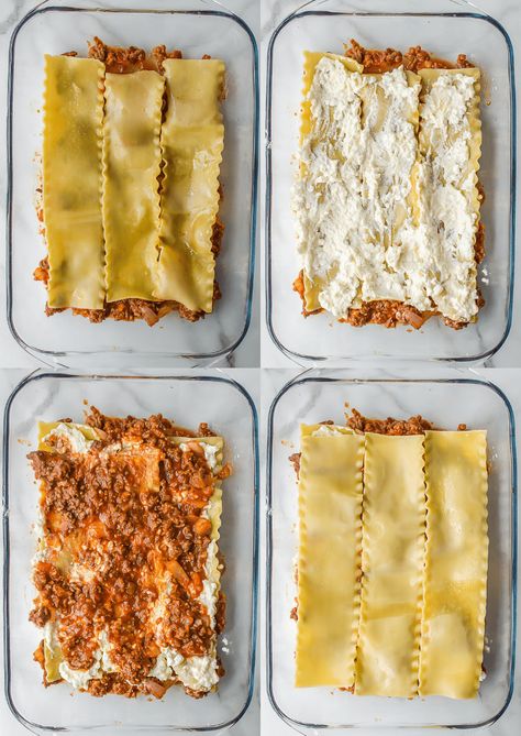 This easy lasagna recipe is a classic family dinner! Lasagna noodles are layered with a meaty tomato sauce, creamy ricotta, and lots of cheese for a delicious Italian meal everyone will love. Meat Lasagna Recipe With Ricotta, Lasange Recipe, Lasagna With Ricotta Cheese, Dinner Lasagna, Easy Lasagna Recipe With Ricotta, Lasagna No Meat Recipe, Lasagna With Ricotta, Classic Lasagna Recipe, Lasagna Recipe With Ricotta