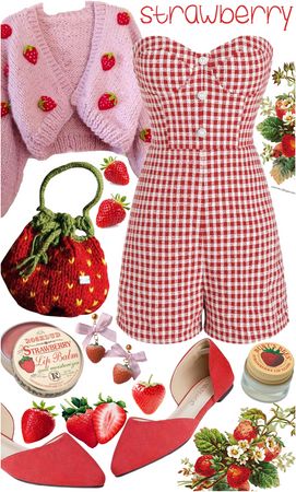 Strawberry Themed Outfit Aesthetic, Modern Strawberry Shortcake Outfit, Strawberry Outfit Ideas, Strawberry Girl Outfit, Strawberry Outfit Drawing, Strawberry Aesthetic Outfit, Strawberry Outfit Aesthetic, Strawberry Girl Aesthetic, Strawberry Picking Outfit