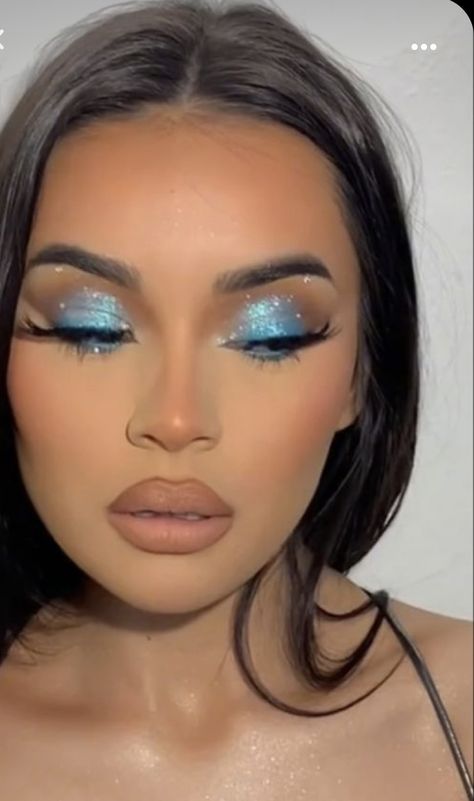 Prom Makeup Looks Blue Dress, Makeup Looks On Blue Eyes, Tiffany Blue Makeup Looks, Blue Sequin Dress Makeup, Baby Blue Prom Dress Makeup, Pale Blue Eye Makeup, Blue Dress Eyeshadow Looks, Makeup Looks Light Blue, Makeup For A Light Blue Dress