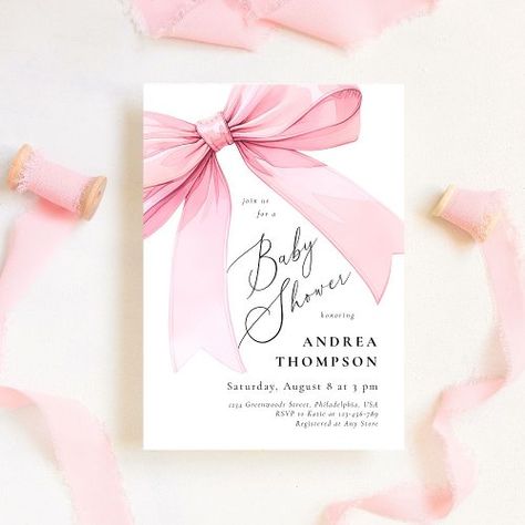 $2.04 | Elegant Pink Coquette Bow Baby Shower Girl - baby girl shower invitations, pink coquette, bow, ribbon, blush pink, watercolor, it's a girl, elegant, modern, script February Baby Shower Themes, February Baby Showers, Baby Girl Shower Invitations, Bow Invitation, Sweet Sixteen Birthday Party Ideas, Valentines Baby Shower, Bow Baby Shower, Baby Shower Theme Decorations