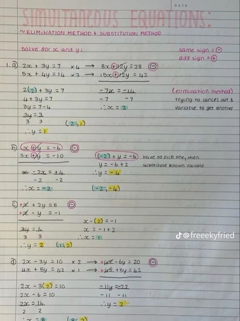 Simultaneous Equations Notes, Math Revision, Gcse Notes, Collage Tips, Algebra Notes, Equations Notes, Maths Notes, Math Study Guide, Maths Revision