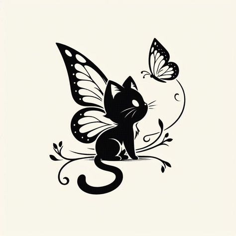 Butterfly Cat Tattoo, Cat And Butterfly Tattoo, Cat Tattoo Idea, Cricut Animals, Butterfly Cat, Neck Tattoos Women, Note Doodles, Tattoos For Women Flowers, Floral Tattoo Sleeve