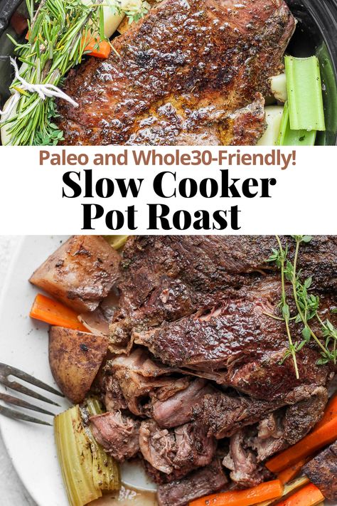 Slow Cooker Pot Roast - a simple, yet flavorful slow cooker pot roast that falls apart and tastes so amazing! Easy and delicious! #slowcookerpotroast #potroast #slowcookerrecipes #whole30recipes #paleorecipes #dinnerrecipes Paleo Pot Roast, Roast Slow Cooker, Crock Pot Chuck Roast, Dutch Oven Pot Roast, Pot Roast Seasoning, Oven Pot Roast, Slow Cooker Pot Roast Recipes, Slow Cooker Pot Roast, Pot Roast Crock Pot Recipes