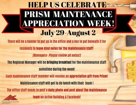 PRES Maintenance Appreciation Security Appreciation Week, Maintenance Appreciation Week Ideas, National Telecommunicator Week, Food Service Workers Appreciation, Maintenance Appreciation Ideas, Thank You Maintenance Staff, Staff Appreciation