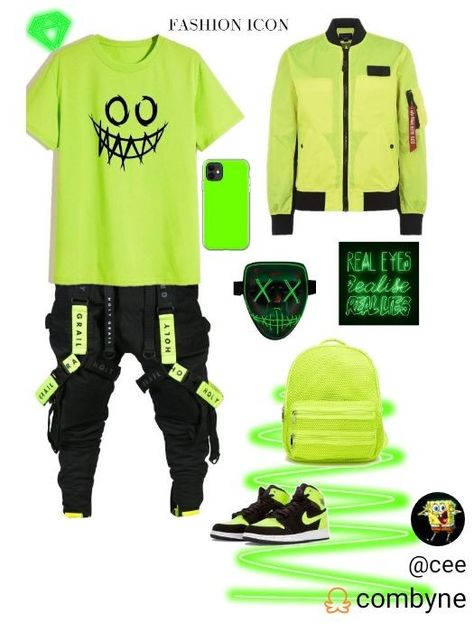 Neon Green Outfit, E-boy Outfit, Punk Outfits Men, Neon Party Outfits, Neon Green Outfits, Boy Styles, Color Outfits, Neon Outfits, Outfits Hombre