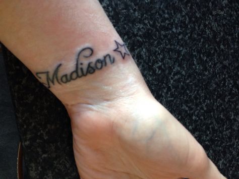 Wee star at both sides of Madison's name ❤️ Madison Tattoo Name, Madison Name, Meaning Tattoos, Baby Name Tattoos, Name Tattoo, Name Tattoos, Star Tattoos, Piercing Tattoo, Baby Star