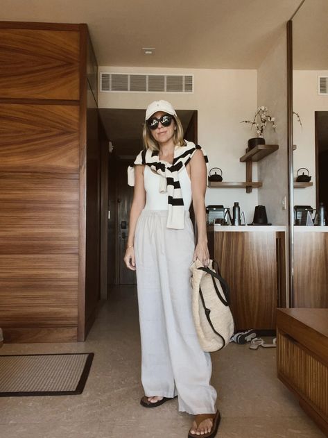 What to Pack: Cabo - by Jacey Duprie - BASIC Jacey Duprie Style, Jacey Duprie, Cream Pants, Janessa Leone, Solid And Striped, Linen Blazer, What To Pack, Linen Pants, What I Wore