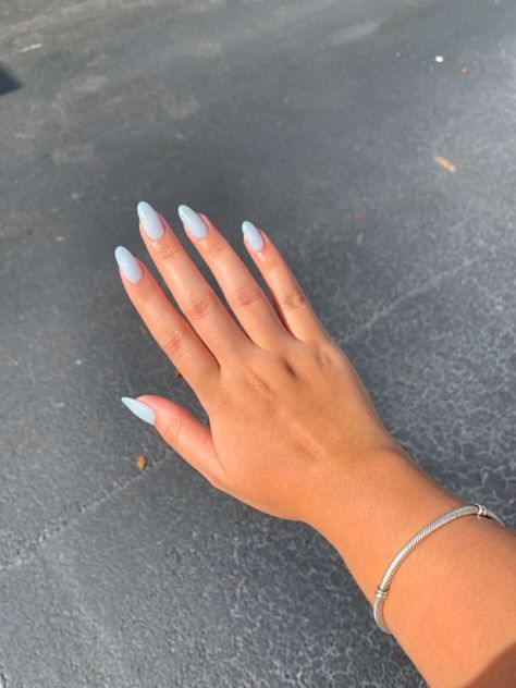 Light Blue Pastel Nails, Light Blue Nails Plain, Acrylic Nails Ideas Light Blue, Almond Nails Sky Blue, Sly Blue Nails, Nail Ideas Sky Blue, Pastel Blue Nails Aesthetic, Light Blue Milky Nails, Light Blue Nails 2023