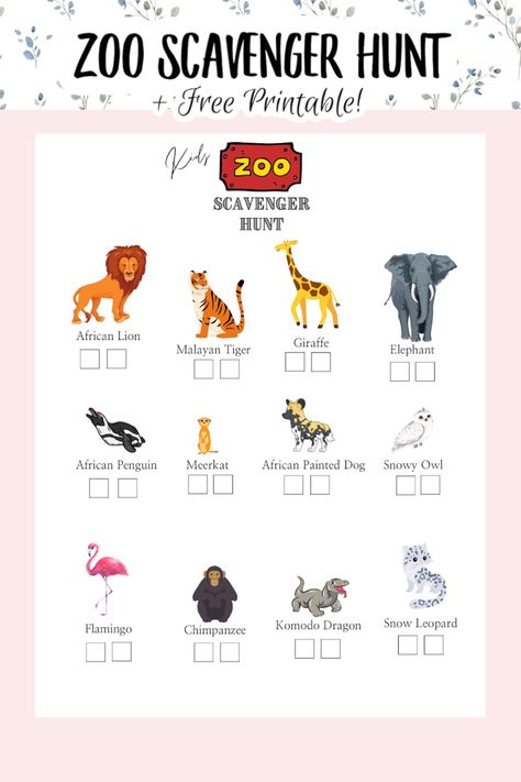 Zoo Scavenger Hunt Printable, Zoo Scavenger Hunt, Malayan Tiger, Scavenger Hunt Printable, African Penguin, Elementary Activities, Komodo Dragon, African Lion, Snow Leopard