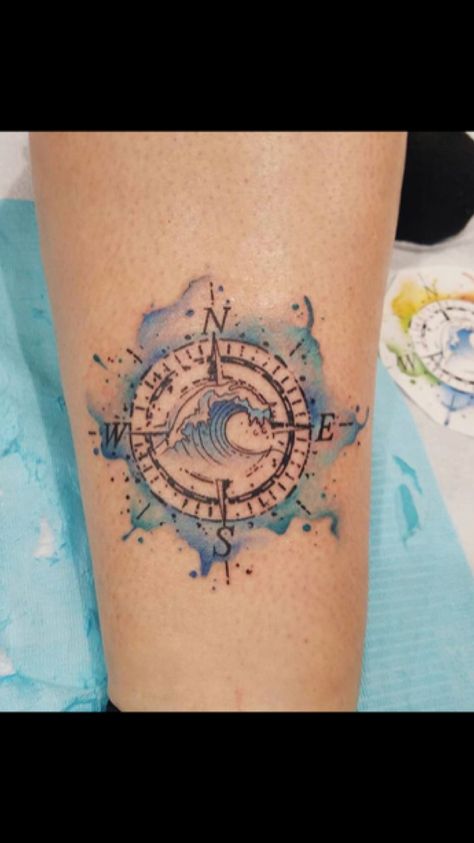 My water color wave inspired compass tattoo. Compass Tattoo Meaning, Nautical Compass Tattoo, Small Compass Tattoo, Compass Tattoo Men, Compass Rose Tattoo, Tattoos Beautiful, Compass Tattoo Design, Meaningful Tattoo, Hawaiian Tattoo