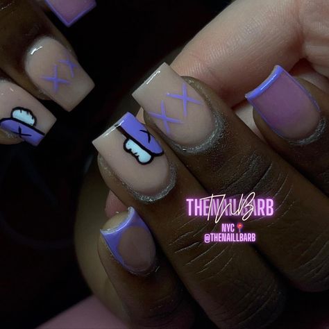 Short nails, kaws, purple, art, nail art, inspo Purple Acrylic Nails, Purple Nail Designs, Short Square Nails, Colored Acrylic Nails, Girly Acrylic Nails, Cute Acrylic Nail Designs, French Tip Acrylic Nails, Dope Nail Designs, Short Square Acrylic Nails