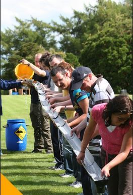 Do this with a ball, which is then placed in panty hose for the water bottle game. Paper plates for tunnel. Outdoor Team Building Games, Teamwork Games, Survivor Games, Reunion Games, Team Building Games, Youth Camp, Youth Games, Youth Group Games, Youth Activities