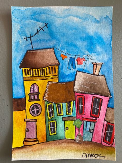 Whimsical Watercolor Houses, Whimsical Houses Art, Wonky Houses, House Doodle, Whimsical Houses, Diy Canvas Art Easy, Art Houses, Watercolor House Painting, Whimsical Art Journal