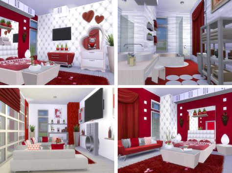 Lovely big two story red themed family home  Found in TSR Category 'Sims 4 Residential Lots' Not So Berry Red House Sims 4, Sims 4 Cc Red Furniture, Red Sims 4 Cc, Red Kids Rooms, Character Customization, Cherry Furniture, Red Furniture, Sims Houses, Sims 4 Bedroom