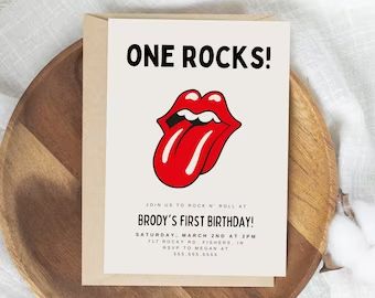 Rock N Roll Birthday Party Invitations, Nirvana Themed Birthday Party, Rock Birthday Invitation, Rock N Roll Invitations, One Rocks First Birthday Invitations, Rolling Stones Birthday Party, One Year Old Rock And Roll Birthday, Rock And Roll One Year Old Party, Rock N Roll 1st Birthday Party