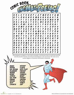 An onomatopoeia is a word that imitates the sound it's describing. Search through this word search to find each comic book onomatopoeia! Onomatopoeia Comic, Onomatopoeia Activities, Superhero Classroom Theme, Poetry Unit, Superhero Classroom, Teaching Poetry, Poetry For Kids, Poetry Ideas, 5th Grade Reading