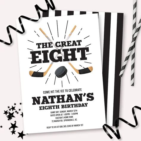 Hockey Birthday Invitation Printable The Great Eight Eighth image 1 Eight Birthday, Sports Theme Decor, Hockey Birthday Parties, Hockey Birthday, Bday Invitations, Party Pops, Birthday Party Invite, Birthday Games, Printable Birthday Invitations