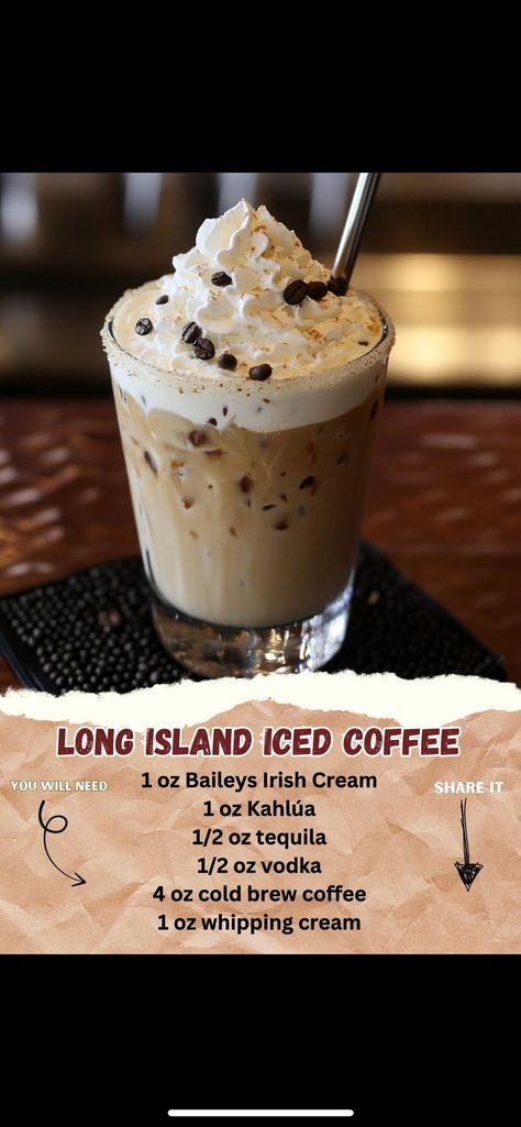 Coffee Long Island, Long Island Ice Coffee, Long Island Iced Coffee Recipe, Long Island Iced Coffee, Cozy Cocktails, Desert Drinks, Fun Drinks Alcohol, Alcholic Drinks, Cocktail Drinks Alcoholic