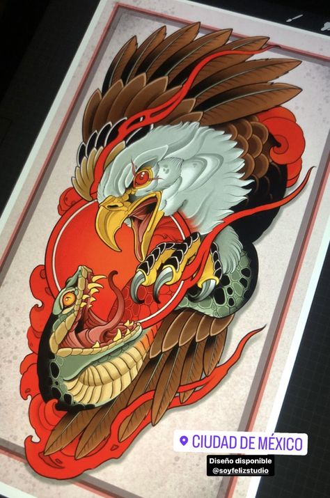 Neo Traditional Eagle Tattoo Design, Bearded Vulture Tattoo, New School Dragon Tattoo, Neotraditional Eagle, Neo Traditional Eagle Tattoo, Neo Traditional Flash, Eagle And Snake Tattoo, Neo Trad Tattoo Design, Neo Traditional Sleeve