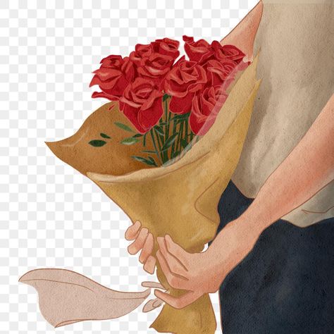 Valentines Day Png Aesthetic, Realistic Rose Drawing, Valentine's Day Aesthetic, Man Background, Holding Bouquet, Rose Outline, Valentines Illustration, Rose Sketch, Red Rose Tattoo