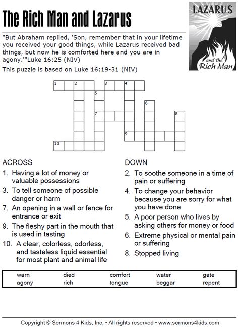 Rich Man and Lazarus Craft | The Rich Man and Lazarus - Crossword Puzzle Parable Of The Rich Man And Lazarus, Lazarus And The Rich Man Craft, Lazarus Craft, The Rich Man And Lazarus, Rich Man And Lazarus, Sunday School Crossword, Vacation Bible School Themes, Bible Study Materials, Bible Trivia