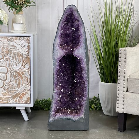 "For more photos and a longer video, please message us... Extra Quality Brazilian Amethyst Cathedral with consistent violet colors throughout and nicely shaped crystal points.  Polished edges and a great cathedral shape complete the look of this outstanding piece, that will be the focal point of any room.  Nature has worked on this beautiful geode for 130 million years and now you can bring it home to make it yours. Take a closer look at the details inside and out.  Height: 37.5\" Width: 12.6\" Room Nature, Amethyst Cathedral, Pallet Crates, Crystals In The Home, Crystal Shop, Crystal Points, Rocks And Crystals, Purple Color, Focal Point