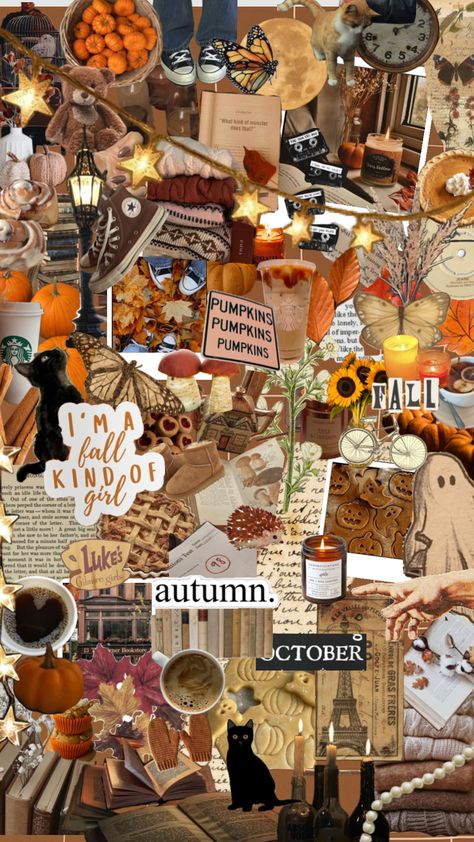 Autumn Wallapers Aesthetics, Fall Lockscreen Aesthetic Collage, Fall Theme Lock Screen, Autum Aestethic Wallpaper, Cute Fall Wallpaper Aesthetic Simple, Phone Wallpaper Collage Aesthetic, Fall Astethic Wallpaper October, October Collage Wallpaper, Cute Wallpapers For Fall