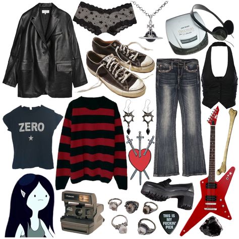 #marceline #adventuretime #outfit #moodboard Marceline Inspired Fits, Marceline Clothes Outfits, Marceline Inspired Outfits Aesthetic, Marceline Costume Ideas, Kenny Mccormick Inspired Outfits, Marshall Lee Outfits, Marcelines Closet, Halloween Costumes Marceline, Caroline Inspired Outfits