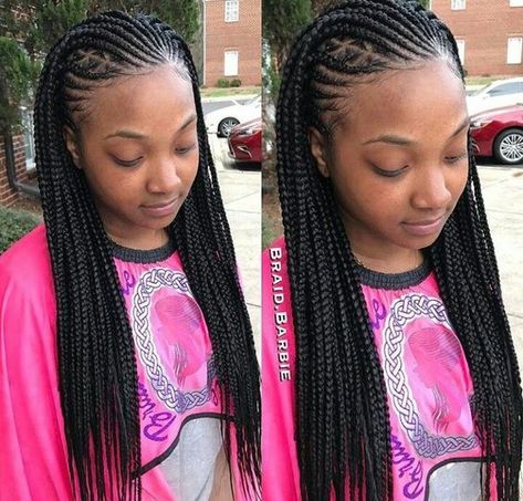 Cute braids. Cornrow hairstyle. Protective style. These are box braids in the back with feed-in cornrow braids in the front. (Half and half). Hairstyle Protective, Cornrow Hairstyle, Cute Braids, Long Box Braids, Braided Cornrow Hairstyles, Mohawk Hairstyles, Feed In Braid, Protective Style, Beautiful Braids