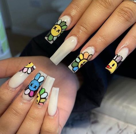 Kaws Flower Nails, Happy Birthday Nails Designs, Rainbow Flower Nails, Flower Toe Nails, Birthday Nail Designs, Nails For Fall, Nails Board, Nail Makeup, Exotic Nails